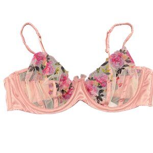 Victorias Secret For Love & Lemons Embroidered Floral Lace Satin Bra Pink‎ L